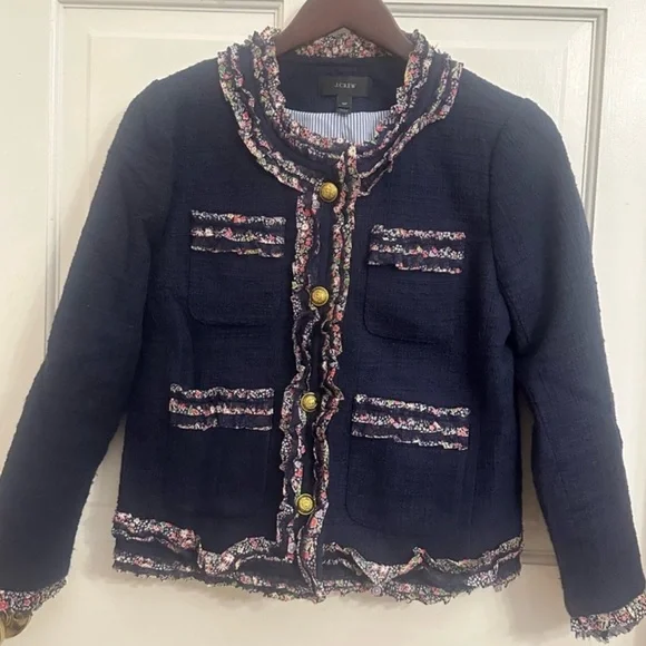 J. Crew Lady Jacket Navy Tweed Liberty London Floral Ruffle
Size 10 petite - Picture 3 of 12